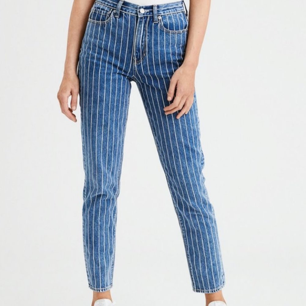 American Eagle Outfitters Blue Pinstripe Strigid Mom Jeans